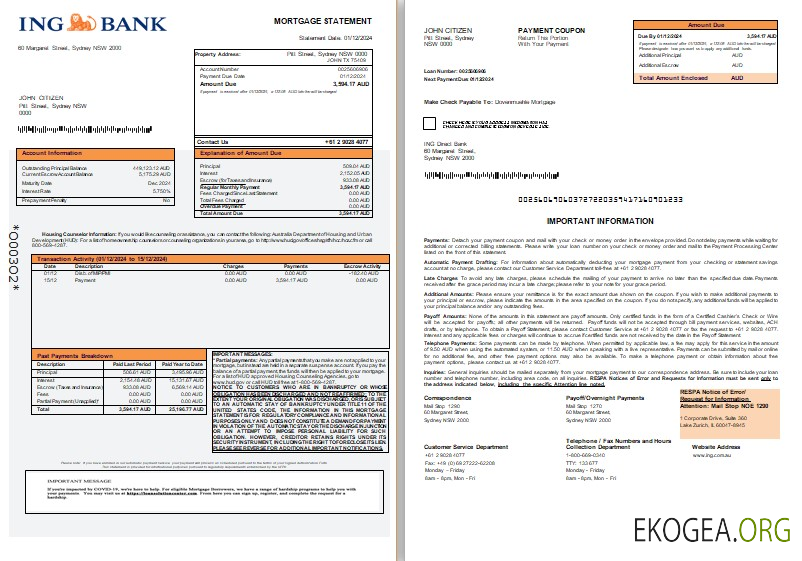 Australie Relevé hypothécaire bancaire ING Direct, 3 pages, 1, 2 scr